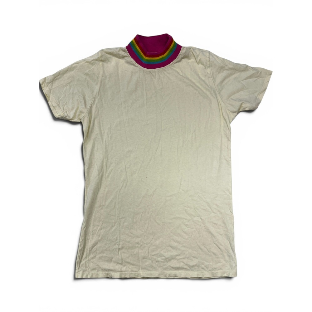 RARE Big Bud Press Light Yellow Off White Rainbow Mock Neck Tinger Shirt XXS